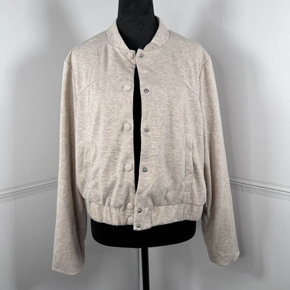 Autres Filles Beige Tweed Cropped Bomber Jacket Neutral Herringbone Snap Front L
